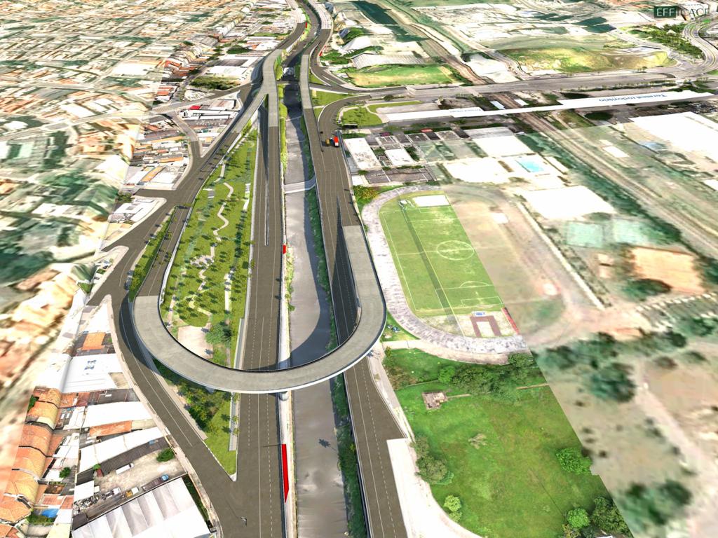 Principal eixo que liga o primeiro ao segundo subdistrito da cidade se tornará um grande complexo de pontes e viadutos. Foto: Divulgação/PSA
