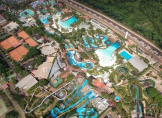 Parque Thermas dos Laranjais prepara reabertura para 1º de outubro Vista aérea do parque aquático Thermas dos Laranjais, em Olímpia, no interior paulista. Foto: Divulgação/Thermas dos Laranjais