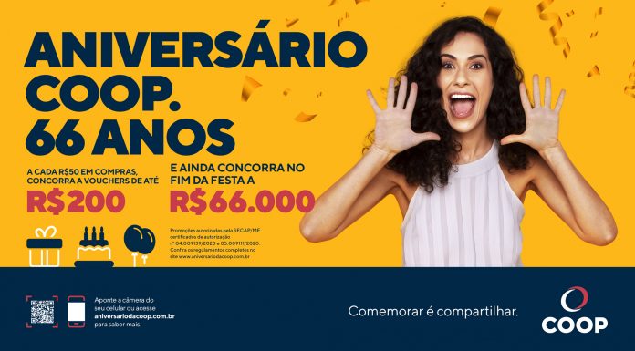 COOP lança campanha com sorteios de vales-compra e prêmios em dinheiro Campanha foi lançada em comemoração aos 66 anos da Cooperativa. Foto: Divulgação