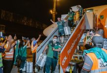 Palmeiras retorna a São Paulo em voo fretado pela GOL Jogadores do time do Palmeiras. Foto: Divulgação/GOL