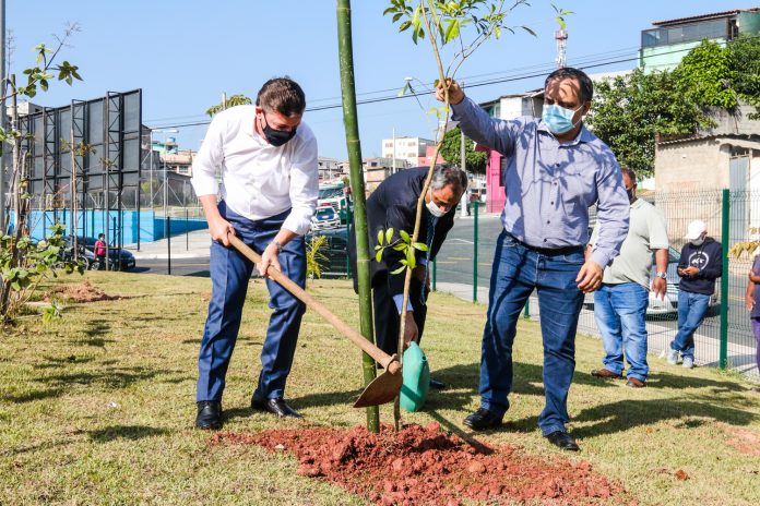 Prefeito Orlando Morando plantou uma muda no Parque dos Ipês. Foto: Gabriel Inamine/PMSBC