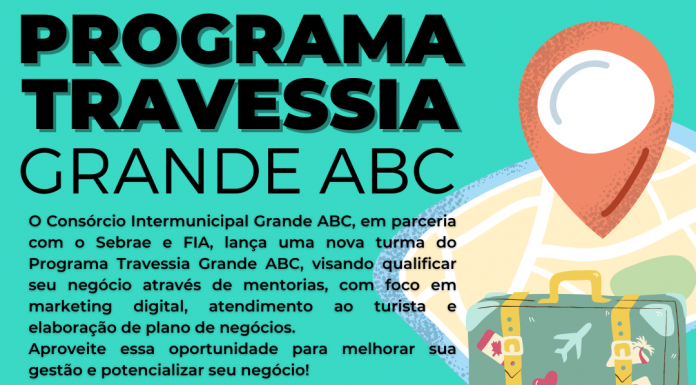 Inscrições para turma de Turismo do Travessia ABC terminam nesta sexta Iniciativa é desenvolvida pelo Consórcio ABC em parceria com secretarias municipais de Desenvolvimento, FIA, Sebrae e Agência de Desenvolvimento. Arte: Divulgação/Consórcio ABC