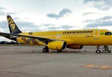 Itapemirim coloca nova aeronave em operação Sob matrícula PS-TCS, novo Airbus A320 da companhia realizou o seu primeiro voo no aeroporto de Guarulhos. Foto: Divulgação