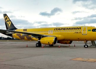 Itapemirim coloca nova aeronave em operação Sob matrícula PS-TCS, novo Airbus A320 da companhia realizou o seu primeiro voo no aeroporto de Guarulhos. Foto: Divulgação