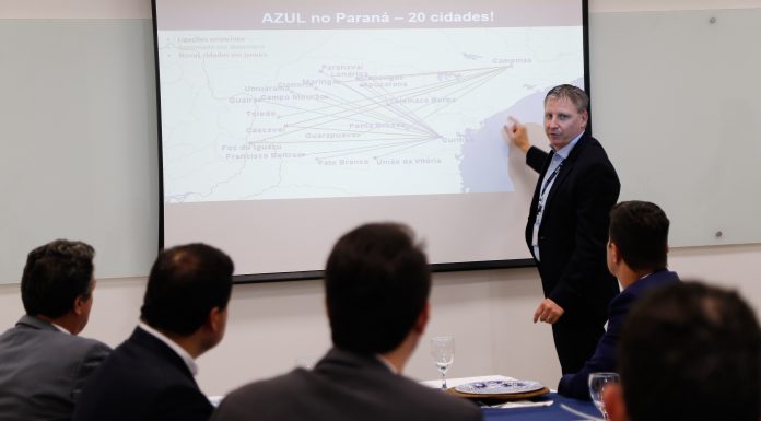 Azul anuncia novidades nos voos Encontro entre representantes da companhia e o governador do estado, Ratinho Junior, sela retorno dos voos em Ponta Grossa, Toledo, Pato Branco e Guarapuava em dezembro e intenção para novas operações em outras 11 cidades dentro do Paraná. Foto: Divulgação