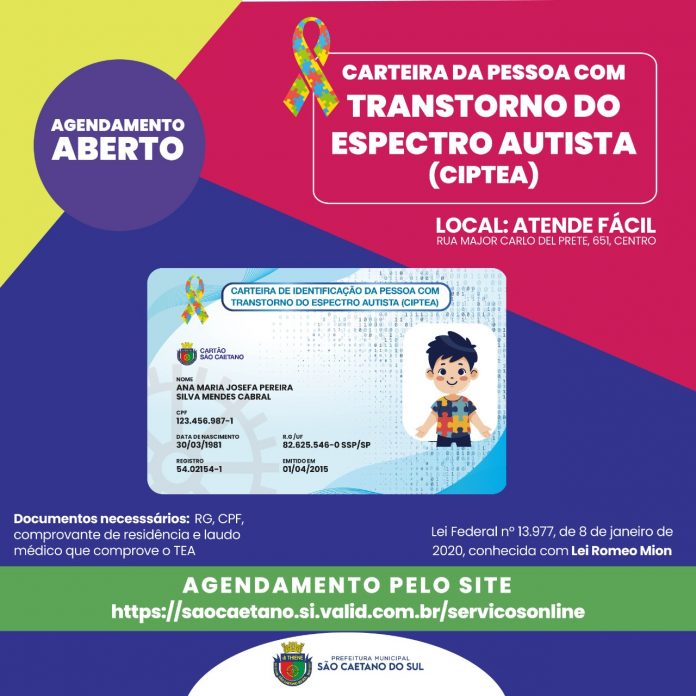 Moradores deverão acessar o site para agendar a emissão da Carteira de Identificação da Pessoa com Transtorno do Espectro Autista. Arte: Divulgação